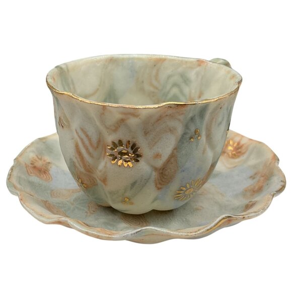 Vintage 1950s Japan Gray Gold Daisy Tea Cup & Saucer Set Demitasse 2"H X 4"D - Picture 2 of 6